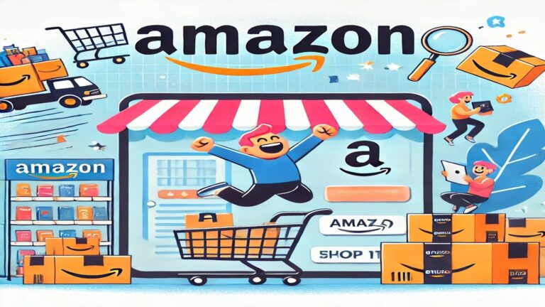 Une image représentant le logo d'Amazon avec une illustration humoristique d'une personne en train de faire du shopping en ligne.