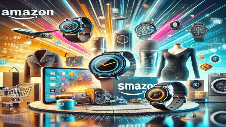 Illustration des meilleures ventes Amazon incluant des produits high-tech, mode, et électroménager, sur un fond dynamique qui reflète l'e-commerce.