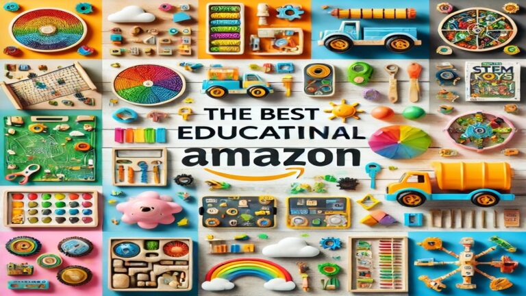 Un collage coloré des meilleurs jouets éducatifs vendus sur Amazon, parfait pour attirer l'attention.