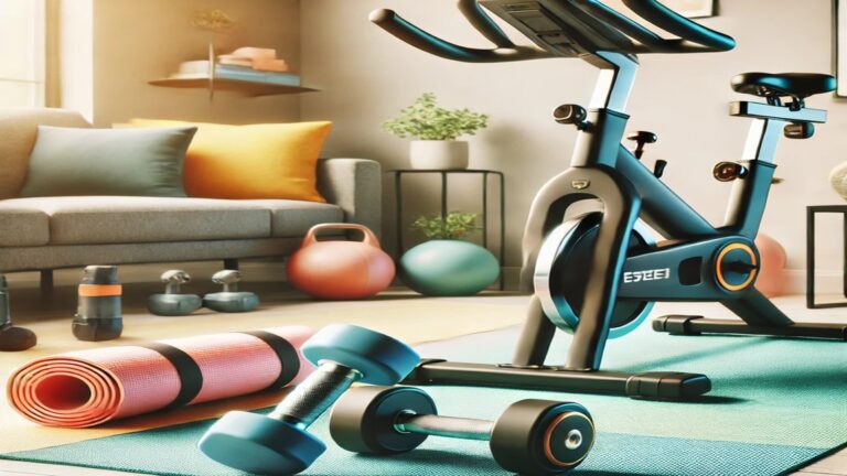 Une sélection d'équipements de fitness à domicile, incluant haltères, tapis de yoga et vélos d'appartement.