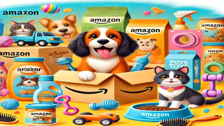 Une image attrayante d'animaux de compagnie avec des produits populaires disponibles sur Amazon, illustrant la variété des options pour les propriétaires d'animaux.