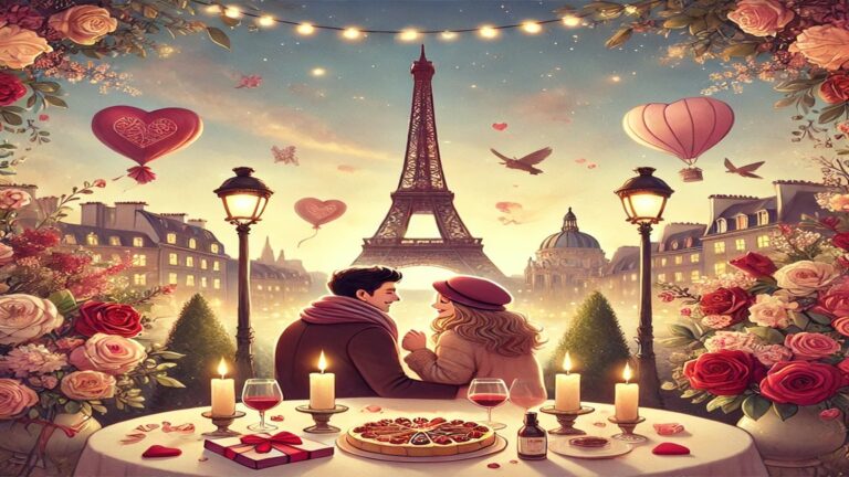 Illustration de la célébration de la Saint-Valentin à Paris, avec des couples amoureux et des décorations romantiques.
